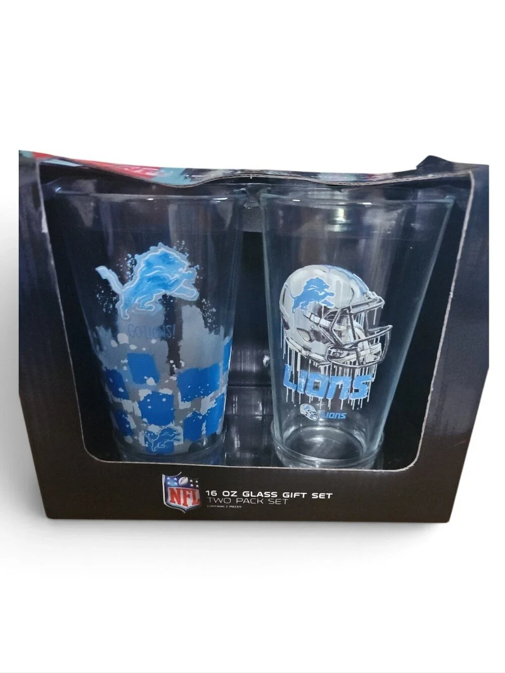 NFL Detroit Lions Blue 16 oz Glass Gift Set - 2 Pack